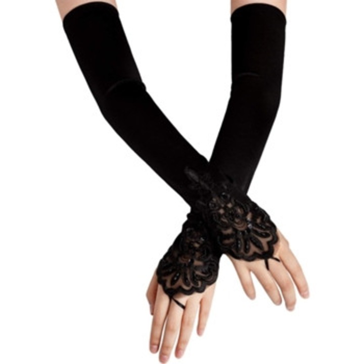 Manusi de dama din satin, fara degete, pana la cot, detalii elegante decupate, finisaj lucios, potrivire sigura, negre (40/45cm)