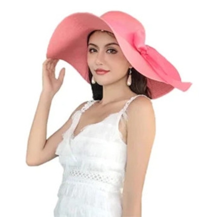 Palarie de plaja pentru femei, pliabila, cu boruri largi, protectie UV, funda roz, 56cm