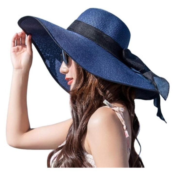 Palarie de plaja pentru femei, cu boruri largi, protectie UV, albastra, dimensiune 56cm, pliabila, cu funda