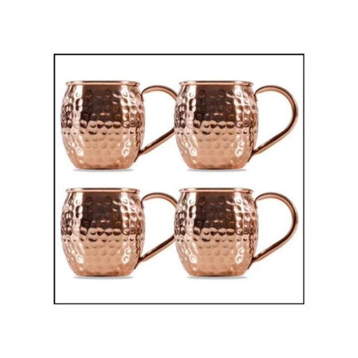 Set de 4 cani Moscow Mule, cu placare din cupru pur, handmade, rezistente la frig, textura ciocanita