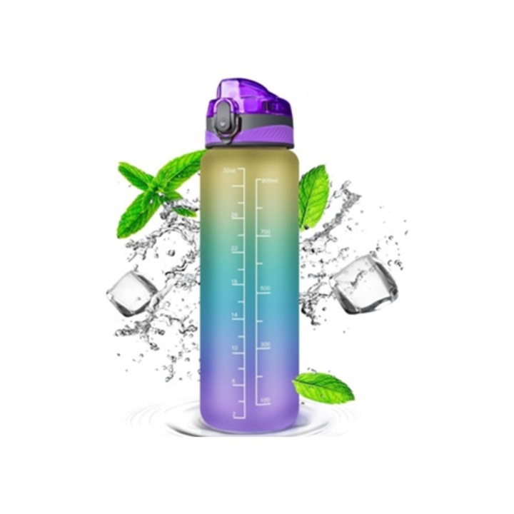 1 literes BPA-mentes, szivárgásmentes bidon, motivációs idézetekkel és időjelzőkkel, fitneszhez