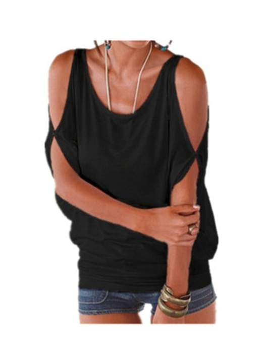 Bluza dama, neagra, cu umerii goi, croiala lejera, guler