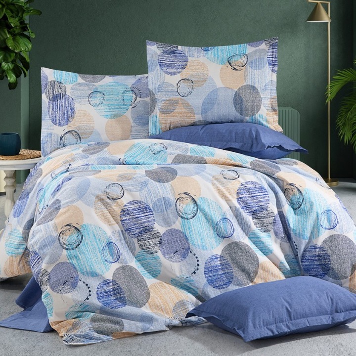 Ágynemű garnitúra dupla ágyra, pamut, 240x260 cm, 4 részes, Különleges Ágyneműk, Kék körök