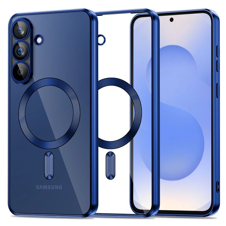 Samsung Galaxy S25 FE SM-S731 compatibil, carcasă de protecție din plastic + cadru din silicon, rezistentă la șocuri medii, compatibilă cu încărcător Magsafe, cadru lucios, Magflex Magsafe, transparent/albastru închis