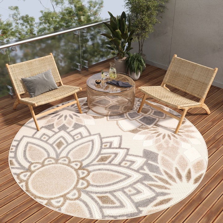Covor, Tapiso, Patio Round, 120 x 120 cm, Bej, OEKO-TEX, Inaltime Fir 6 mm, Exterior, Pentru Terasa, Rezistent La UV, Rezistent La Pete, Lavabil, Usor de curatat, Rezistent La Intemperii, Impermeabil