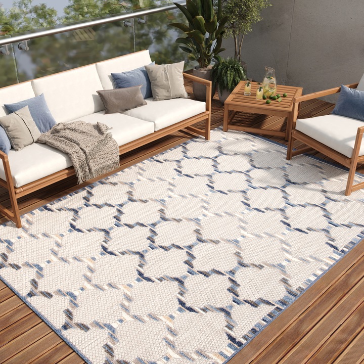 Covor, Tapiso, Patio, 160 x 220 cm, Gri/Bej, OEKO-TEX, Inaltime Fir 6 mm, Exterior, Pentru Terasa, Rezistent La UV, Rezistent La Pete, Lavabil, Usor de curatat, Rezistent La Intemperii, Impermeabil