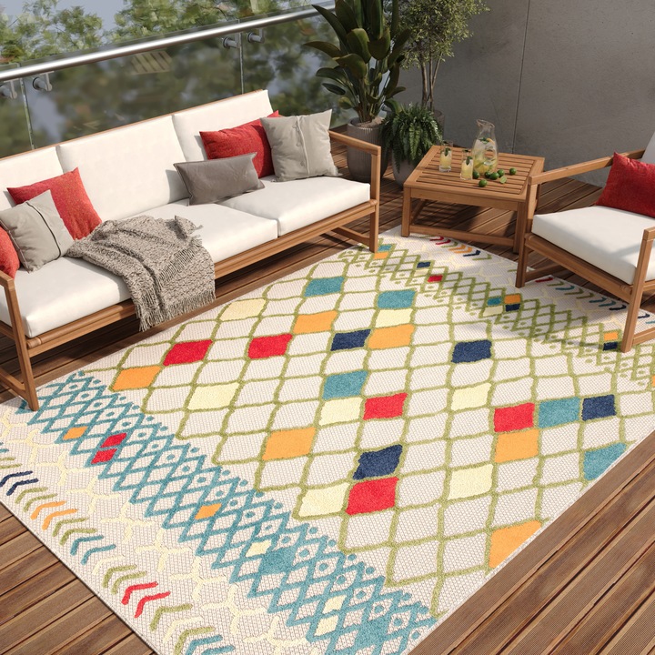 Covor, Tapiso, Patio, 80 x 150 cm, Multicolor, OEKO-TEX, Inaltime Fir 6 mm, Exterior, Pentru Terasa, Rezistent La UV, Rezistent La Pete, Lavabil, Usor de curatat, Rezistent La Intemperii, Impermeabil