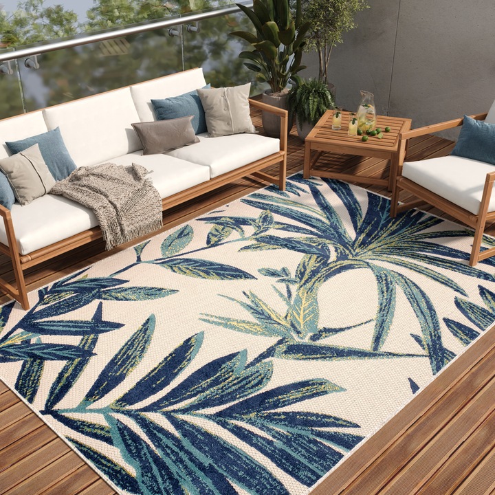 Covor, Tapiso, Patio, 120 x 170 cm, Albastru, OEKO-TEX, Inaltime Fir 6 mm, Exterior, Pentru Terasa, Rezistent La UV, Rezistent La Pete, Lavabil, Usor de curatat, Rezistent La Intemperii, Impermeabil