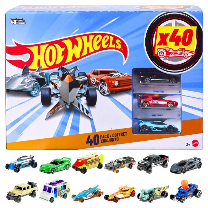 Комплект колички, Hot Wheels, пластмасов материал, мащаб 1:64, без батерии, способност за разпознаване на превозни средства, 10 x 10.2 x 10 см, многоцветен, 40 пакета