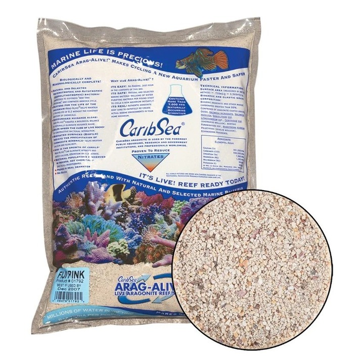 Пясък за аквариум CaribSea Arag-Alive Fiji Pink, 9.07 кг, за рифов и морски аквариум, балансирано pH, намалява водораслите и отпадъците, размер на зърната 0.1-1.5 мм