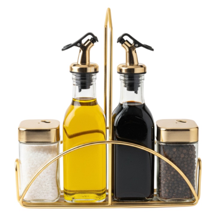 Комплект 2 оливиерника и 2 съда за подправки Aurov®, с Метална Златна Стойка, за Олио, Балсамов Оцет или други Течности, Дозатор, Неръждаема Стомана, Елегантен Дизайн, 160 мл