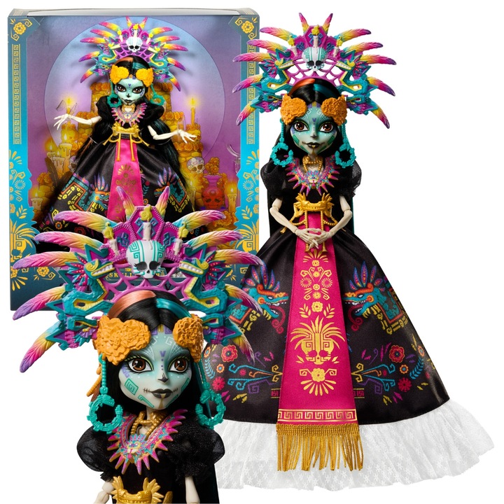 Комплект колекционерска кукла с аксесоари, Monster High, Skelita Calaveras 2025, PVC материал, Свалящи се дрехи, Аксесоари, Без батерии, 30 x 10.5 см, Многоцветен