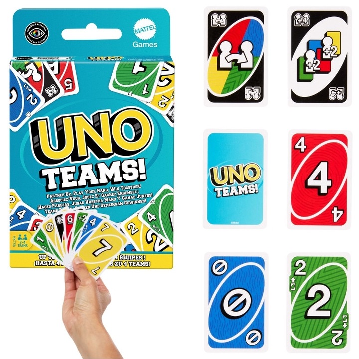 Joc De Carti, Mattel, Uno Teams!, Varsta 7+, Material Hartie, Abilitati Sociale, Ideea perfecta pentru cadou, multa distractie, Alte Personaje, 10 x 10.5 x 10.2 cm, Multicolor, 10 Buc