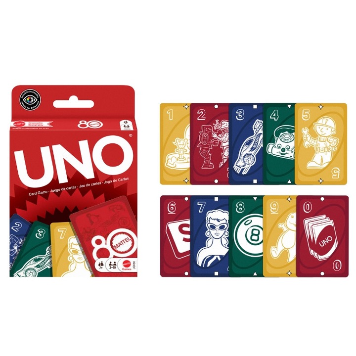 Joc De Carti, Mattel, Uno 80 De Ani, Material Hartie, Varsta 7+, Abilitati Sociale, Ideea perfecta pentru cadou, multa distractie, Alte Personaje, 10 x 10.5 x 10.2 cm, Multicolor, 10 Buc
