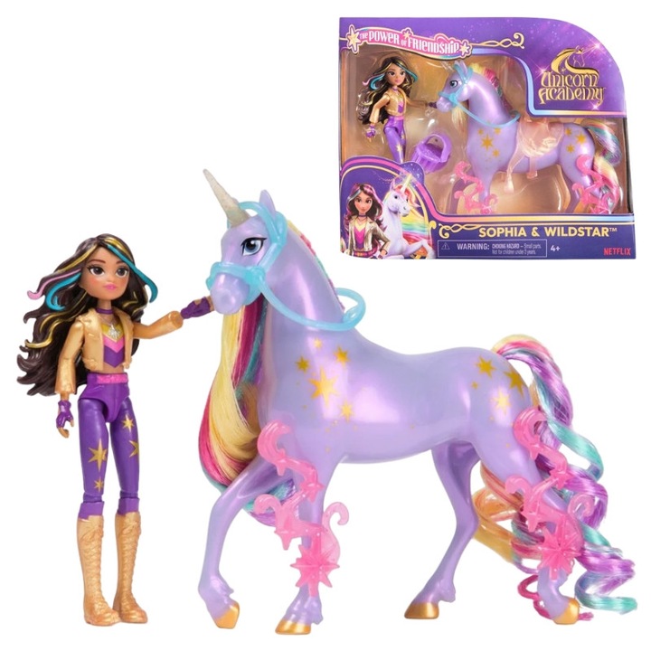 Комплект кукла София и еднорог Уайлдстар с аксесоари, Spin Master, височина на куклата София приблизително 11.5 см, височина на еднорога приблизително 12.5 см, подвижни елементи на куклата позволяват динамично позиране, 11.5 x 12.5 см, многоцветен