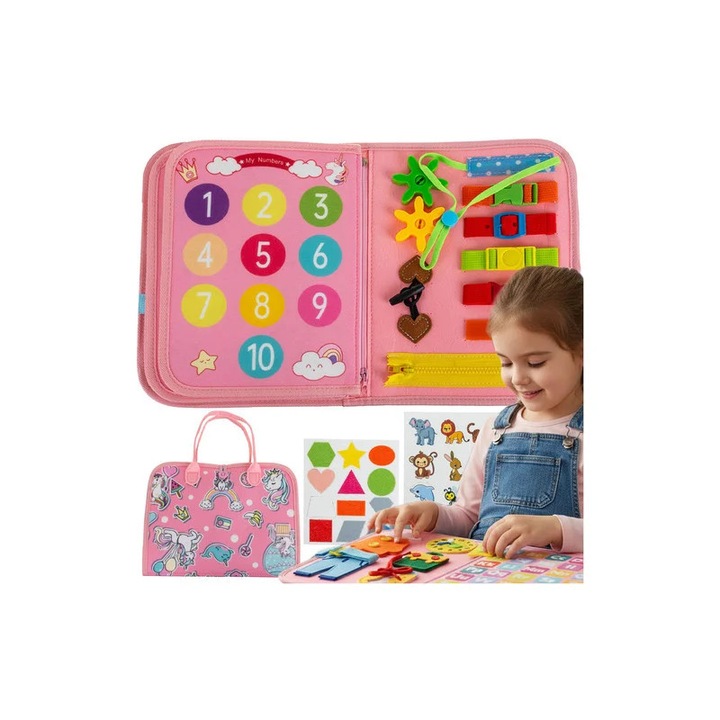 Carte senzoriala 7 in 1, diverse elemente educative, tematica unicorn, fetru multicolor