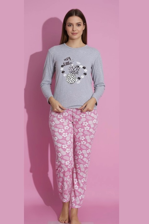 Női pamut pizsama, kényelmes, blúz és hosszú nadrág szett, szürke 15386 12442, Szürke