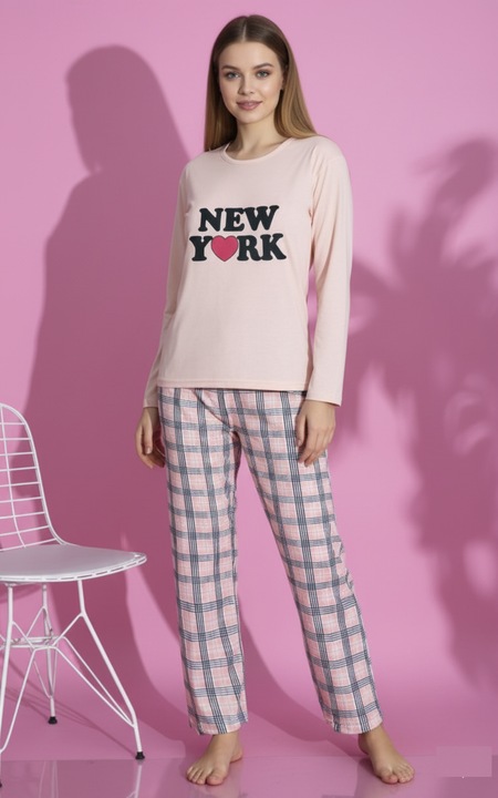 Női Kényelmes Pamut Pizsama, Hosszú Ujjú Felső és Hosszú Nadrág Szett, Korall 15909 12447, Narancssárga