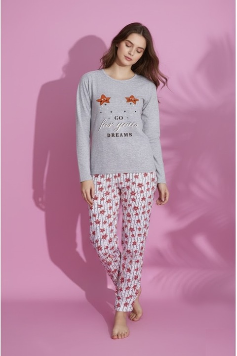 Pijama bumbac vatuit de Dama, Set cu Bluza si Pantaloni lungi gri 15409 12512, Gri
