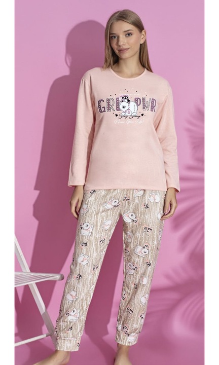 Női steppelt pamut pizsama, Korall színű hosszú ujjú felső és nadrág szett 15443 12532, Rózsaszín