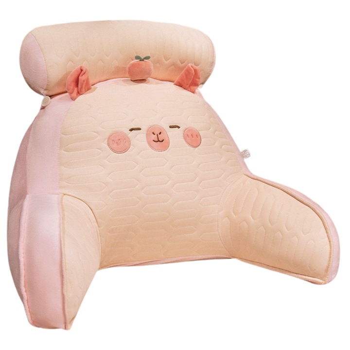 Perna Multifunctionala, spatar pentru pat, protectie lombara, marime medie, 60 x 40 cm, din Latex, Model Capybara cu Mar in Cap, Roz