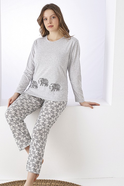 Női kényelmes pamut pizsama szett, hosszú ujjú felsővel és nadrággal, szürke 14087 12437, Szürke