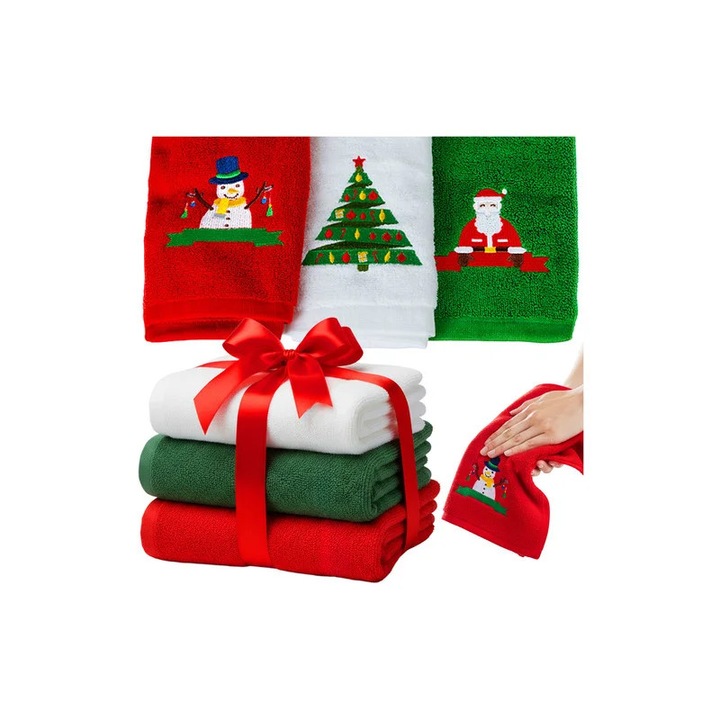 Комплект от 3 коледни кърпи, памук с бродерия, 30x40 см, червено, зелено и бяло