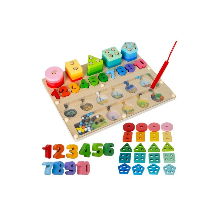 Sortator educativ din lemn Kruzzel, puzzle 3 in 1, labirint magnetic, forme geometrice, 30x22.5cm