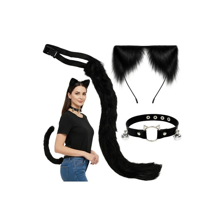 Costum pisica/vulpe, set 3 piese, coada, choker, cordeluta urechi, negru
