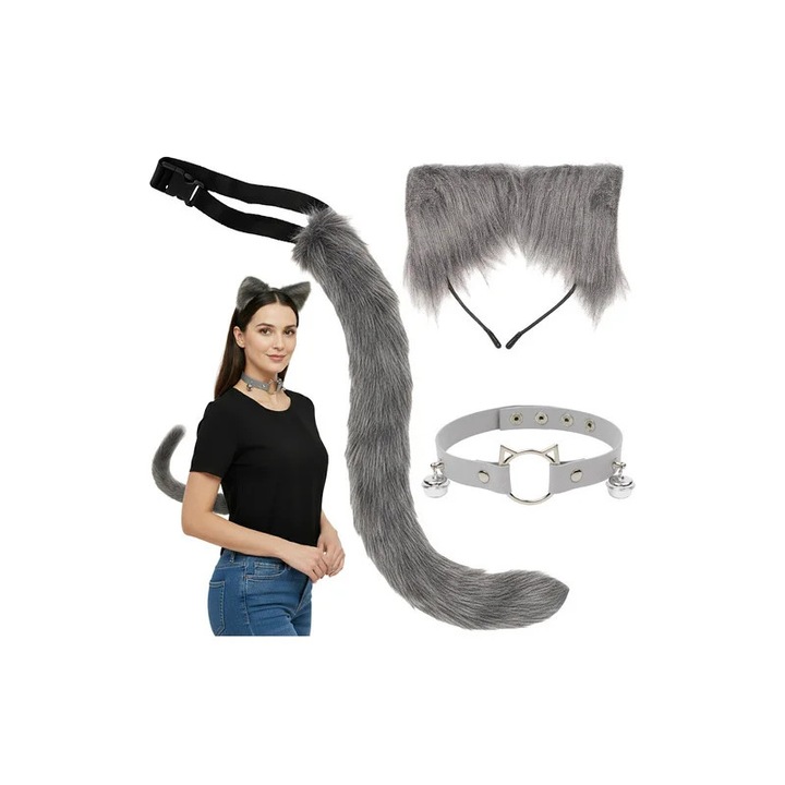 Set costum Halloween, pisica/vulpe, 3 piese, coada, choker, cordeluta urechi, gri