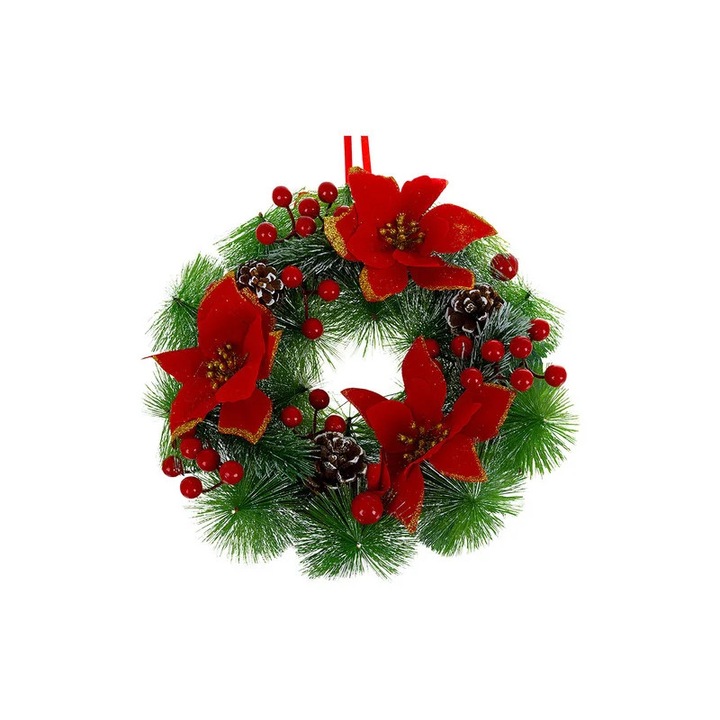 Декоративен коледен венец, диаметър 30 см, борови шишарки, цветя и червени плодове