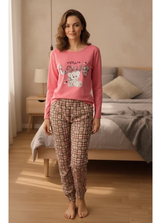 Női steppelt pamut pizsama, Hosszú ujjú felső és nadrág szett, rózsaszín 15476 12522, Rózsaszín