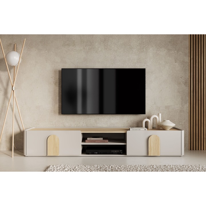 Comoda TV Bogart Amilio, 220x35,5x48 cm, cu 1 sufla, 2 nise, culoare kasmir, blat stejar oleiat