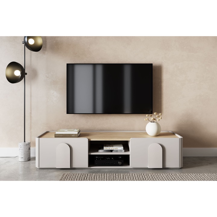 Comoda TV, Bogart, 170x35,5x48 cm, cu 1 sufla, 2 nise, culoare kasmir, blat din stejar oleiat