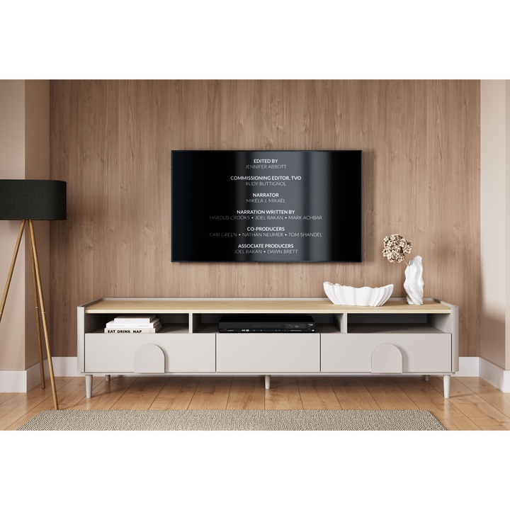 Comoda TV Bogart Amilio, 200x48x48 cm, 2 suflade, 3 nise, culoare casmir, stejar oleiat