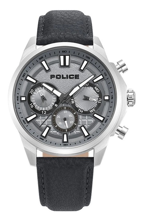 Police, Kerek karóra bőrszíjjal, Ezüstszín, Koptatott fekete