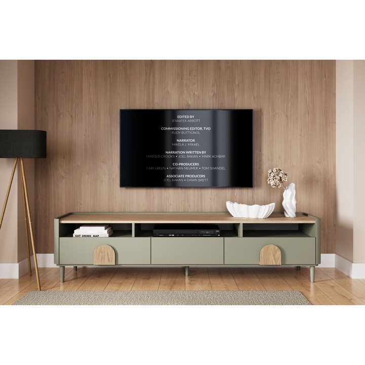 Comoda TV Bogart Amilio, eucalipt/stejar Baltic Dune, 2 sertare, 3 compartimente, 200x48x48 cm