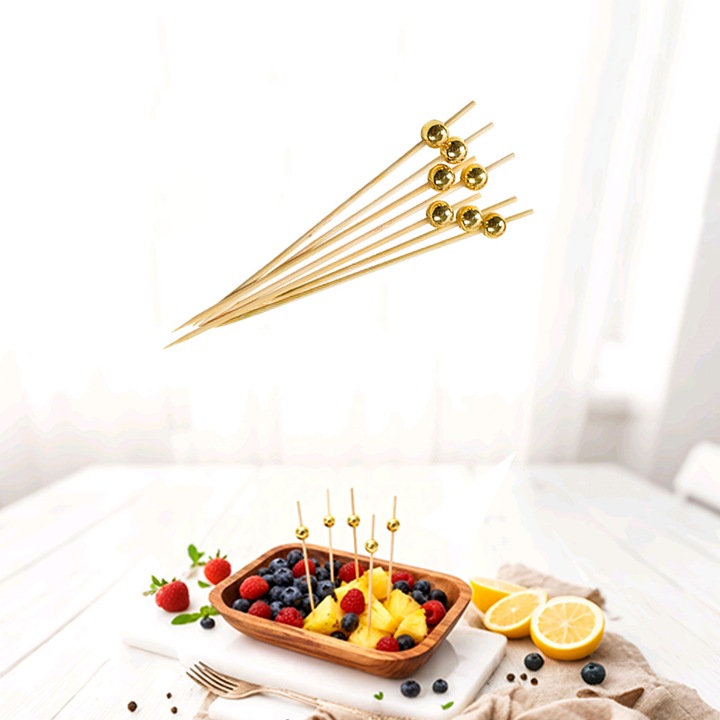 Set de accesorii pentru petrecere, scobitori decorative din bambus, margele aurii, 100 bucati，Poate decora micile torte si farfurii de fructe