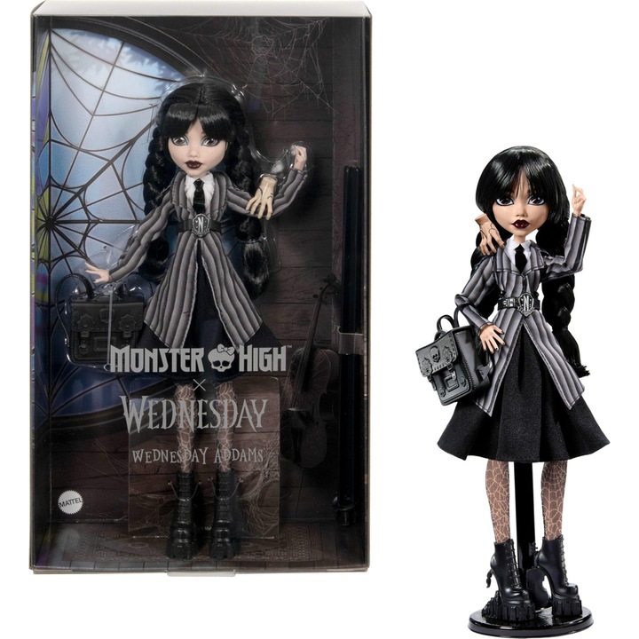 Monster High Wednesday Addams baba, Nevermore Akadémia egyenruha, babatartó, 6 év