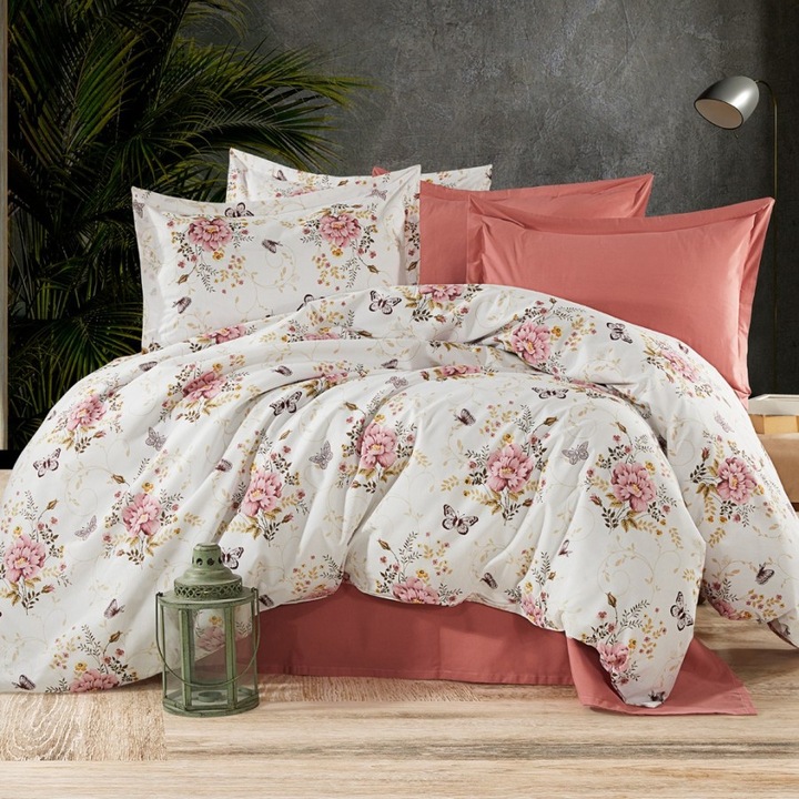 Rózsaszín virágos dupla ágyneműhuzat, pamut, 240x260 cm, 4 részes, Különleges Ágyneműk