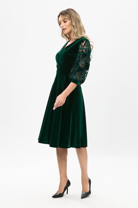 Barocca, Rochie midi de catifea cu dantela, Verde inchis