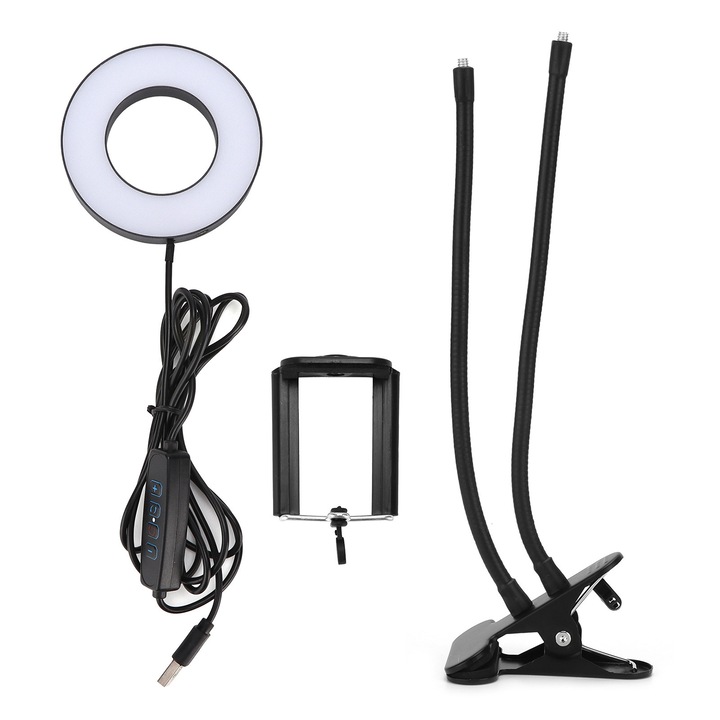 Set Ring Light 3.5 Inch cu suport dublu, 3 culori dimabile, 10 niveluri de luminozitate, alimentare USB