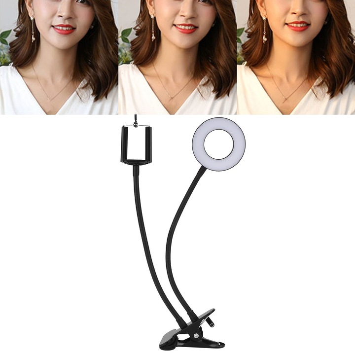 Set Ring Light 3.5 Inch cu suport dublu, 3 culori dimabile, 10 niveluri de luminozitate, alimentare USB