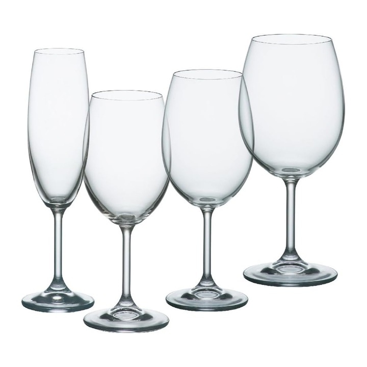 Set 24 pahare vin, samapanie, apa Bohemia Royal Crystal transparent, sticlă cristalină, fabricat în Republica Cehă