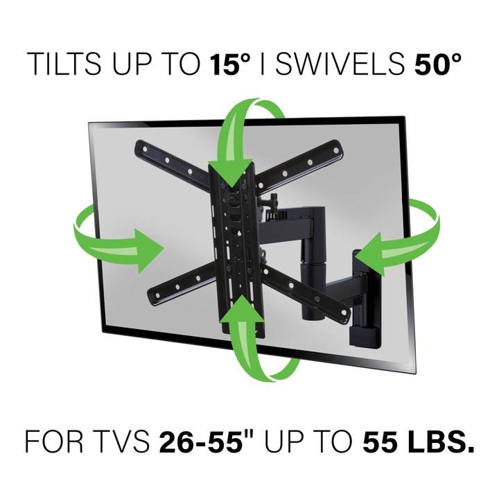 Универсална разтегателна стойка за стена за телевизор SANUS, FMF319-B2, Full-Motion 4D Premium, диагонал 32"-55" (66-140 см), макс. 25 кг, функция накланяне, разширение 49 см, минималистичен дизайн, лесен за инсталиране, черен