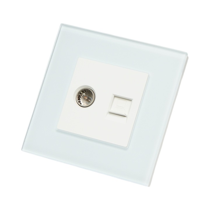 Priza TV + internet CAT5 RJ45 alba cu rama din sticla 86x86mm