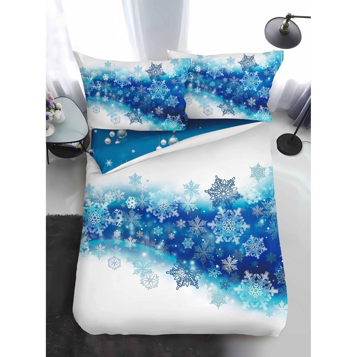 Set lenjerie de pat 1 Persoana, Imprimeu Craciun, Pucioasa, Finet/Bumbac, Cearceaf de pat 160 x 220 cm, Husa pilota 155x200 cm, 2 huse perne 55 x 75 cm, Alb/Turcoaz/Albastru, QY-45