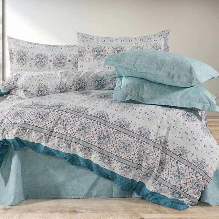 Lenjerie pat dublu, bumbac, 240x260 cm, 4 piese, Lenjerii Deosebite, Geometric turcoaz