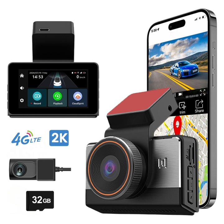Камера за автомобил LONDEMM 2K 4G LTE, GPS, черна, комплект със задна камера HD 720P, карта 32GB