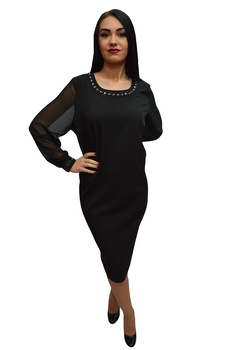 Rochie cu croi cambrat si maneca din voal transparent,masura mare,D&J Exclusive, Negru Rochie cu croi cambrat si maneca din voal transparent,masura mare,D&J Exclusive, Negru